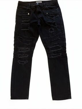 Embellish Men’s Black Distressed Moto Jeans Size 40 Measures 39x33 Zip Pockets